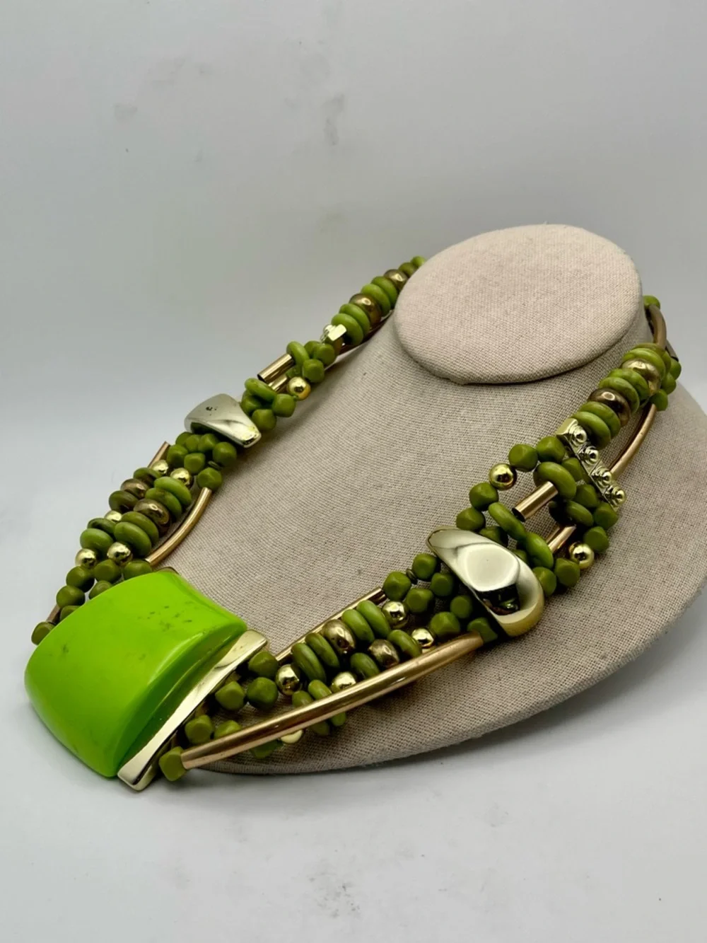 Vibrant Lime Green and Polished Gold Tone Multi Strand Statement Bib Necklace - Picture 4 of 15